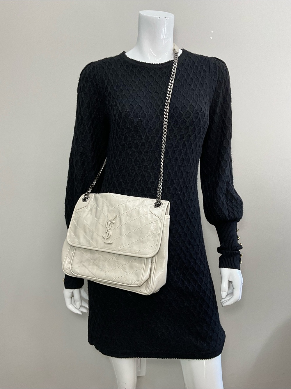 SAINT LAURENT Niki Medium White Vintage Leather YSL Chain Shoulder Bag +COA CERT